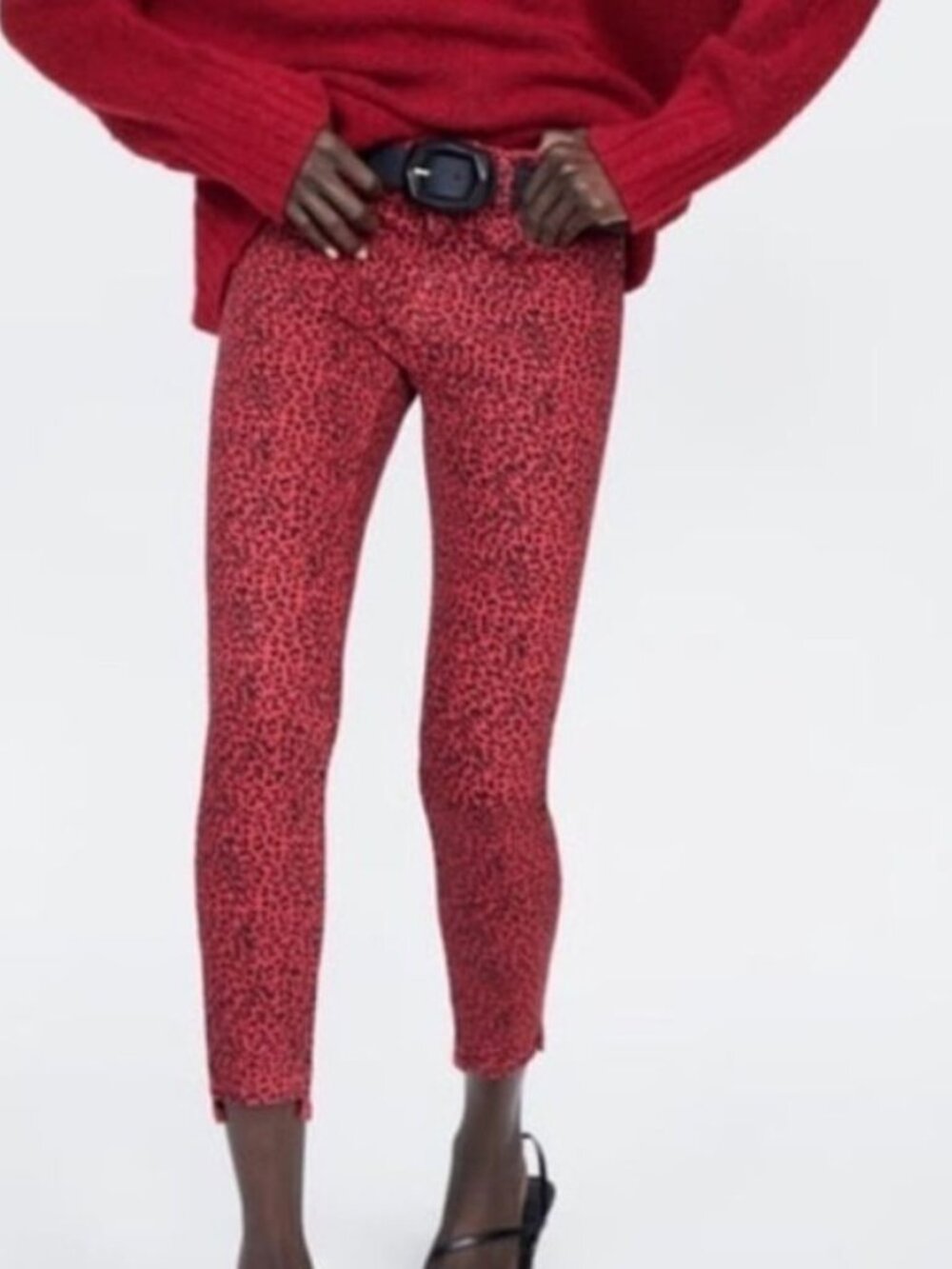 Zara Red Black Leopard Cheetah Cropped Stretch Skinny Jeans 6 NWOT
